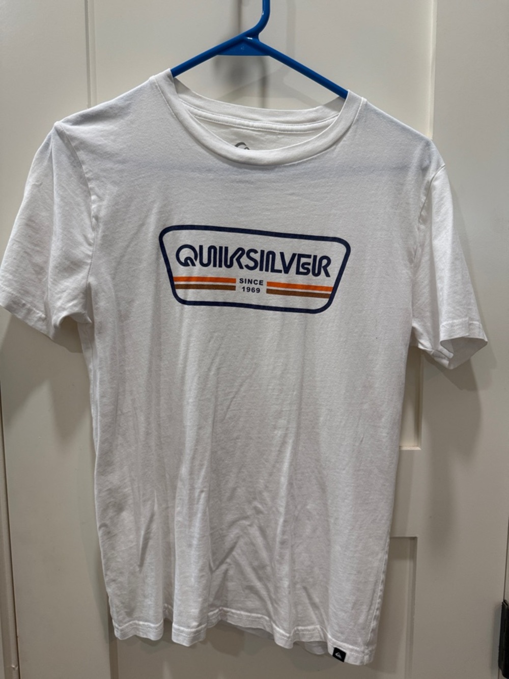 Quiksilver White Short Sleeve Tee with Navy & Orange Logo